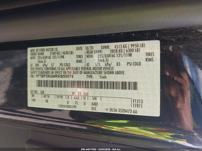 2024 Ford Transit-350 VIN: 1FTBF5XG6RKB55578 Lot: 44517000