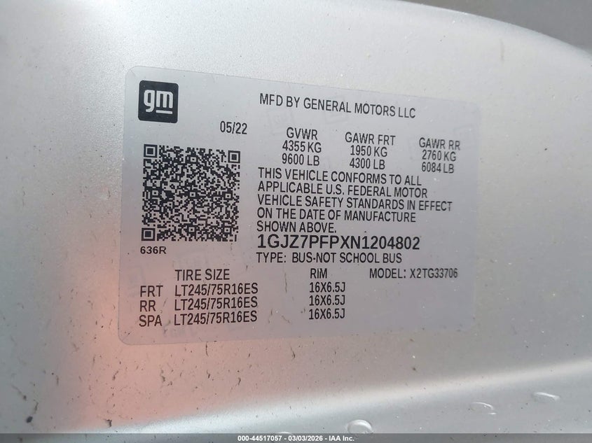 2022 GMC Savana Passenger Rwd 3500 Extended Wheelbase Lt VIN: 1GJZ7PFPXN1204802 Lot: 44517057