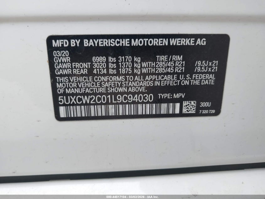 2020 BMW X7 xDrive40I VIN: 5UXCW2C01L9C94030 Lot: 44517104