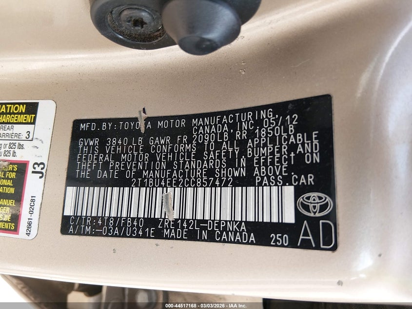 2012 Toyota Corolla 1.8 Le gold Lot 111044517168 Vin 2T1BU4EE2CC857472