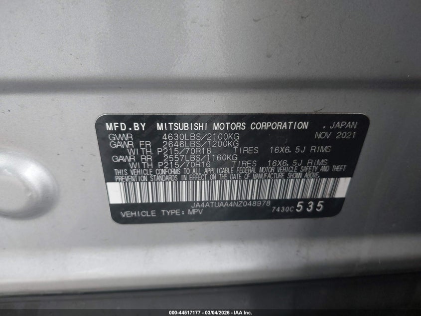 2022 Mitsubishi Eclipse Cross Es S-Awc VIN: JA4ATUAA4NZ048978 Lot: 44517177