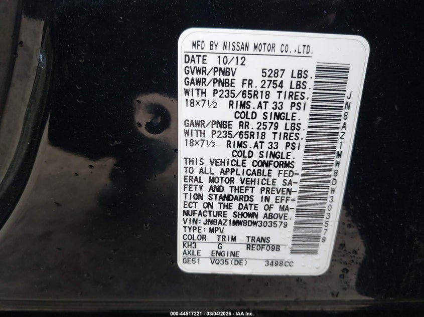 2013 Nissan Murano Sl VIN: JN8AZ1MW8DW303579 Lot: 44517221