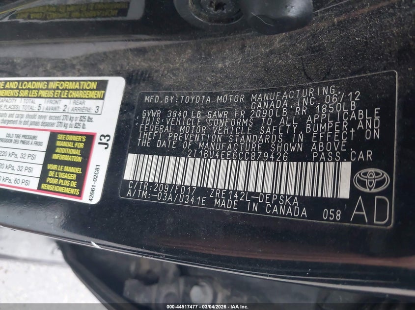 2012 Toyota Corolla 1.8 S black Lot 111044517477 Vin 2T1BU4EE6CC879426