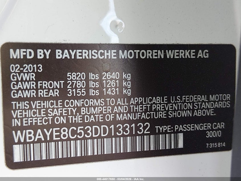 2013 BMW 750Li VIN: WBAYE8C53DD133132 Lot: 44517650