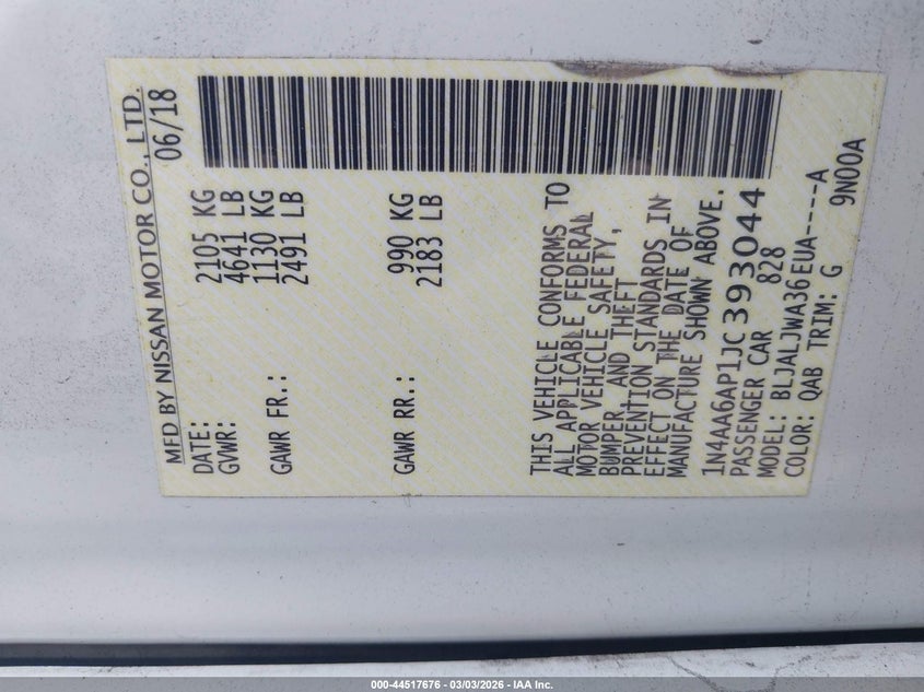 2018 Nissan Maxima 3.5 Sv VIN: 1N4AA6AP1JC393044 Lot: 44517676