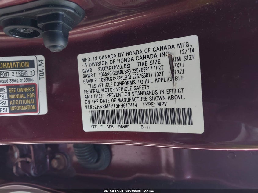 2015 Honda Cr-V Ex-L VIN: 2HKRM4H79FH617414 Lot: 44517828