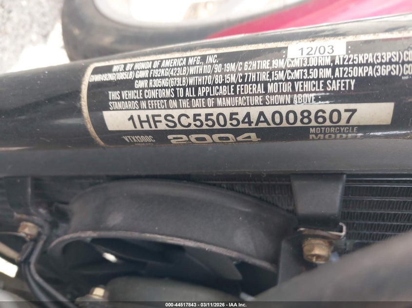 2004 Honda Vtx1300 C VIN: 1HFSC55054A008607 Lot: 44517843
