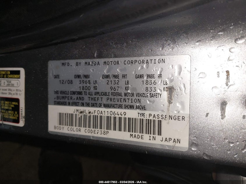 2010 MAZDA 3 SEDAN 2.0L I-4 DOHC, 144HP