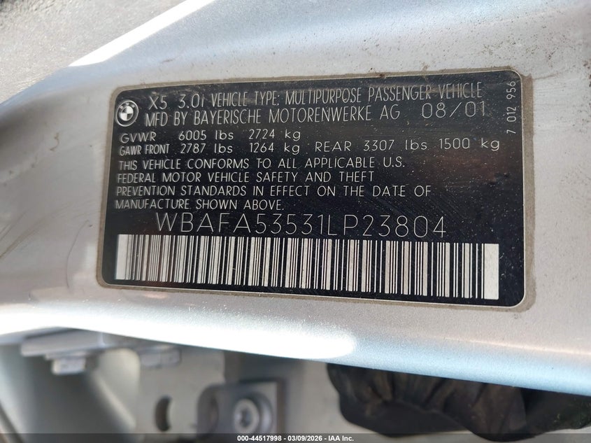2001 BMW X5 3.0 VIN: WBAFA53531LP23804 Lot: 44517998
