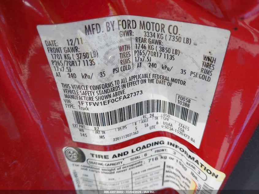 2012 Ford F-150 5.0 Xlt red Lot 111044518002 Vin 1FTFW1EF0CFA27373