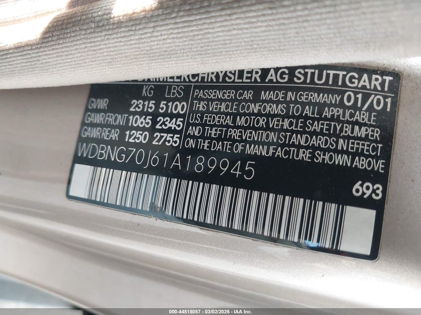 2001 Mercedes-Benz S 430 VIN: WDBNG70J61A189945 Lot: 44518057