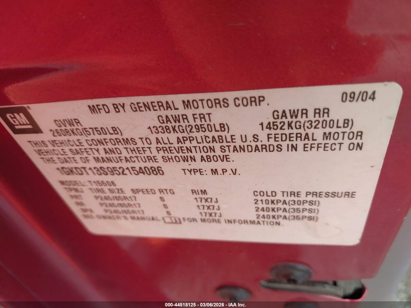 2005 GMC Envoy Sle VIN: 1GKDT13S952154086 Lot: 44518125