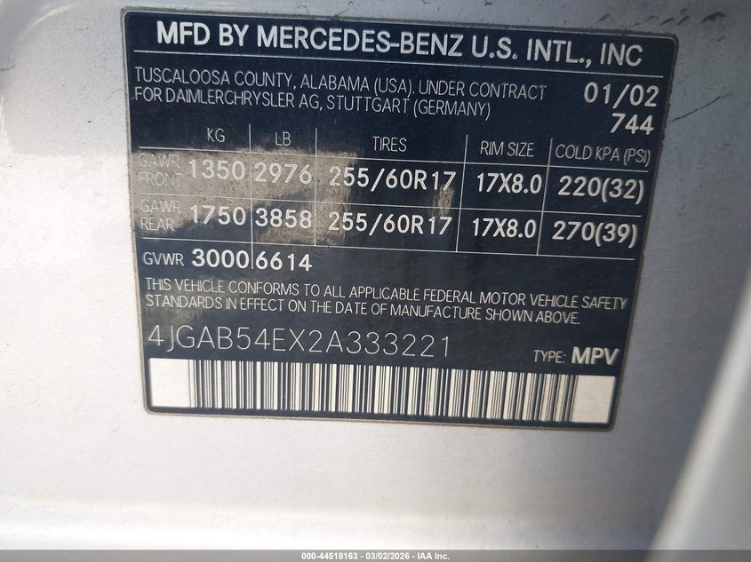 2002 Mercedes-Benz Ml 320 VIN: 4JGAB54EX2A333221 Lot: 44518163