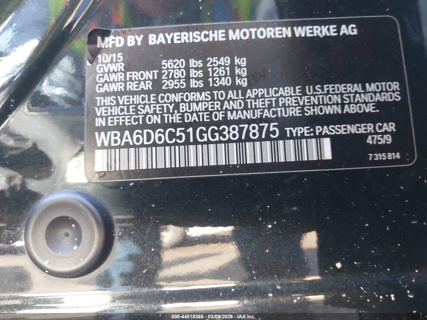2016 BMW 650I Gran Coupe xDrive VIN: WBA6D6C51GG387875 Lot: 44518366