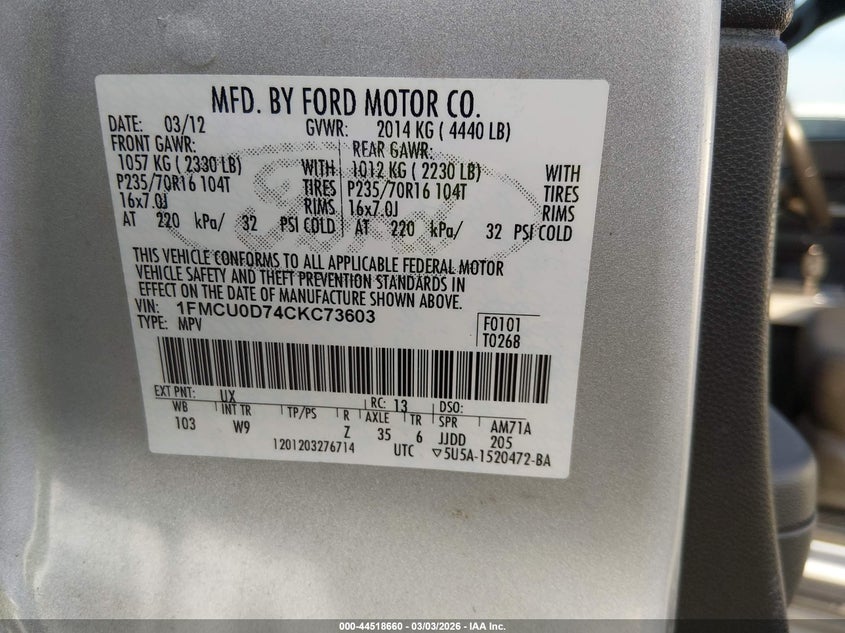 2012 Ford Escape 2.5 Xlt silver Lot 111044518660 Vin 1FMCU0D74CKC73603