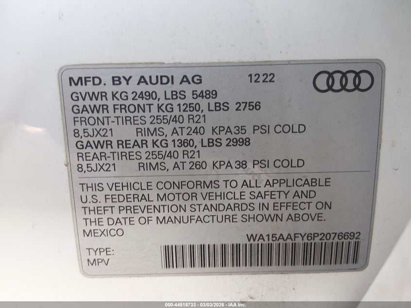 2023 Audi Q5 Sportback Premium Plus 45 Tfsi S Line Quattro S Tronic VIN: WA15AAFY6P2076692 Lot: 44518733