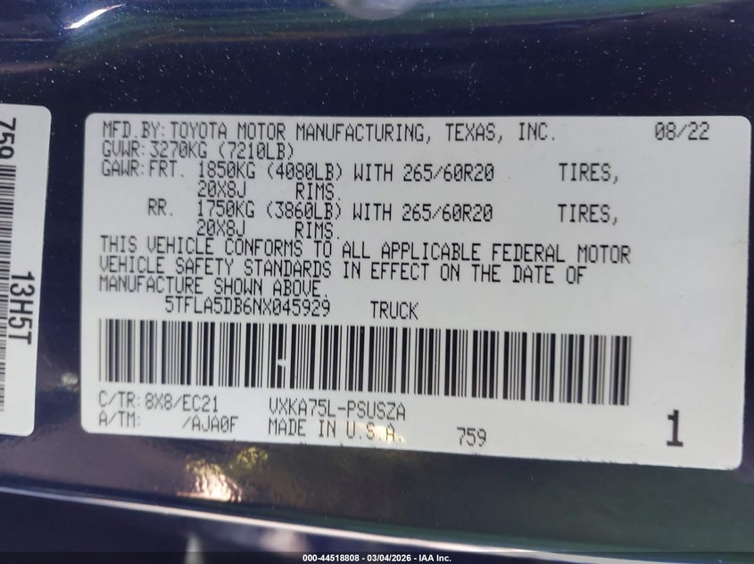 2022 Toyota Tundra Sr5 VIN: 5TFLA5DB6NX045929 Lot: 44518808