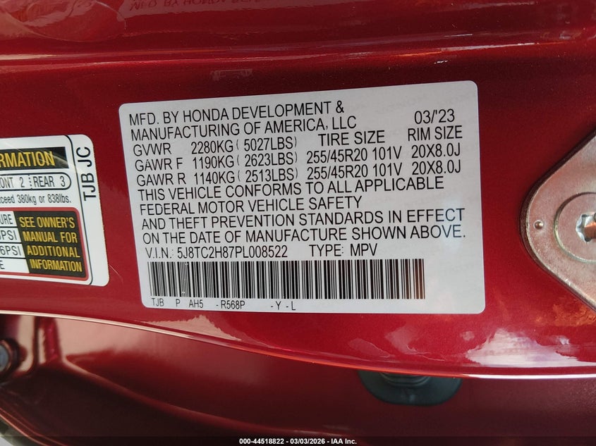 2023 Acura Rdx A-Spec Advance Package VIN: 5J8TC2H87PL008522 Lot: 44518822