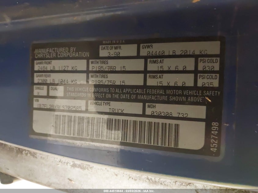 1990 Dodge Dakota VIN: 1B7FL26X9LS702585 Lot: 44518844