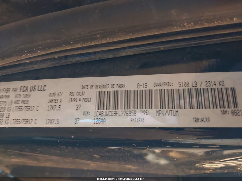 2015 Jeep Wrangler Rubicon VIN: 1C4BJWCG9FL776958 Lot: 44518929