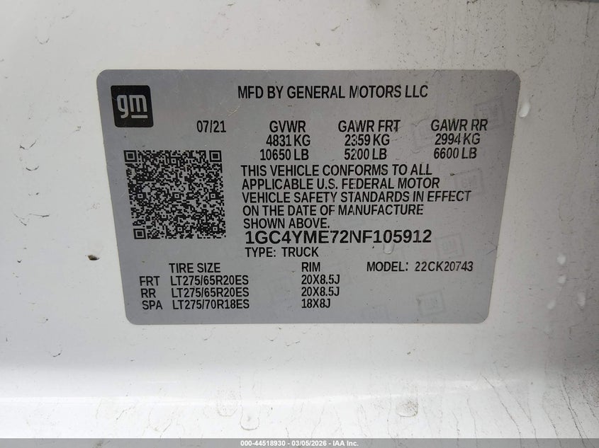 2022 Chevrolet Silverado 2500Hd 4Wd Standard Bed Custom VIN: 1GC4YME72NF105912 Lot: 44518930