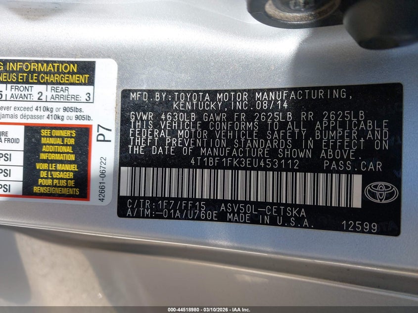 2014 TOYOTA CAMRY SEDAN 2.5L I-4 DOHC, VVT, 178HP