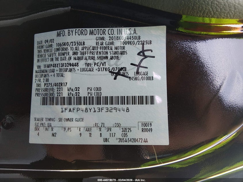 2003 Ford Mustang 10Th Anniversary Package/Cobra VIN: 1FAFP48Y13F329448 Lot: 44519079