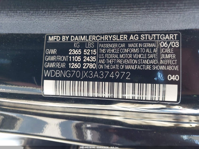 2003 Mercedes-Benz S 430 VIN: WDBNG70JX3A374972 Lot: 44519106