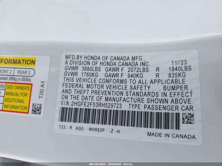 2024 HONDA CIVIC 2.0L I-4 DI, DOHC, V(VIN: 2HGFE2F53RH529723