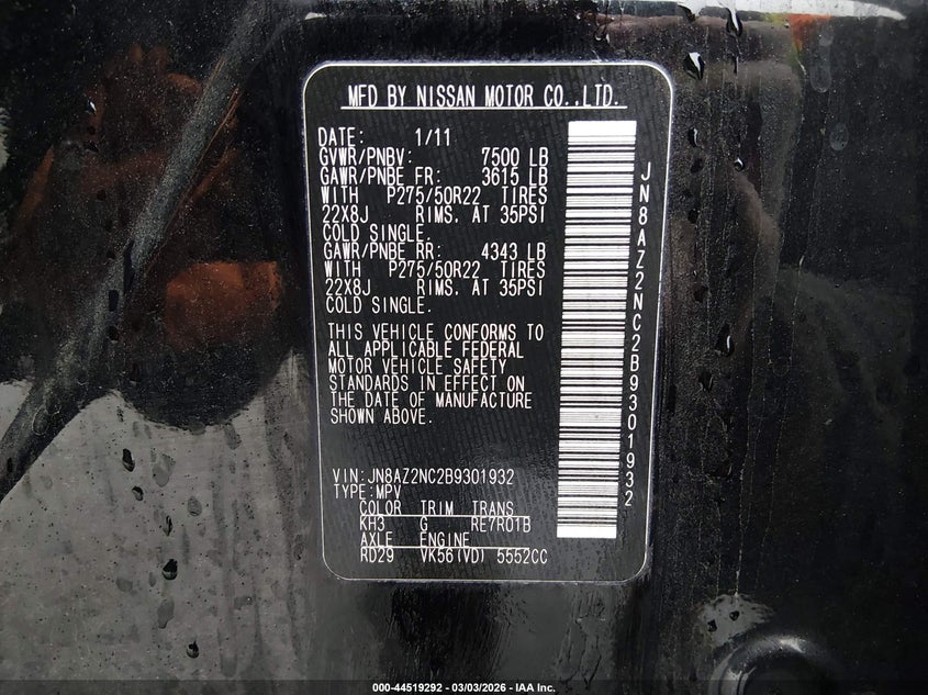 2011 Infiniti Qx56 VIN: JN8AZ2NC2B9301932 Lot: 44519292