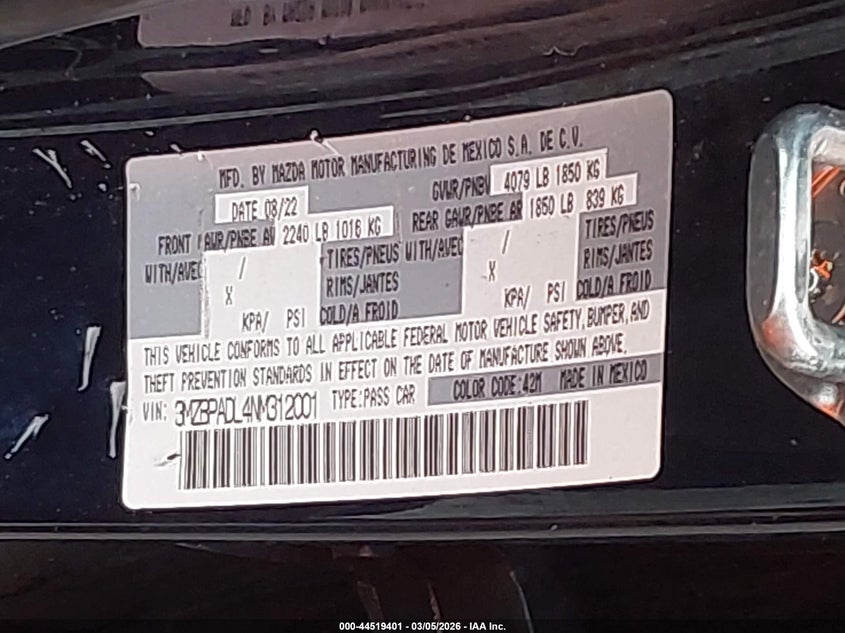 2022 MAZDA MAZDA3 2.5L I-4 DI, DOHC, V(VIN: 3MZBPADL4NM312001