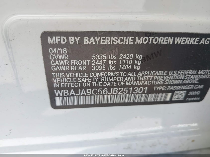2018 BMW 530E Iperformance VIN: WBAJA9C56JB251301 Lot: 44519474