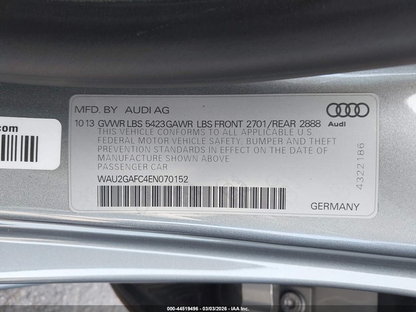 2014 Audi A7 3.0T Premium Plus VIN: WAU2GAFC4EN070152 Lot: 44519496