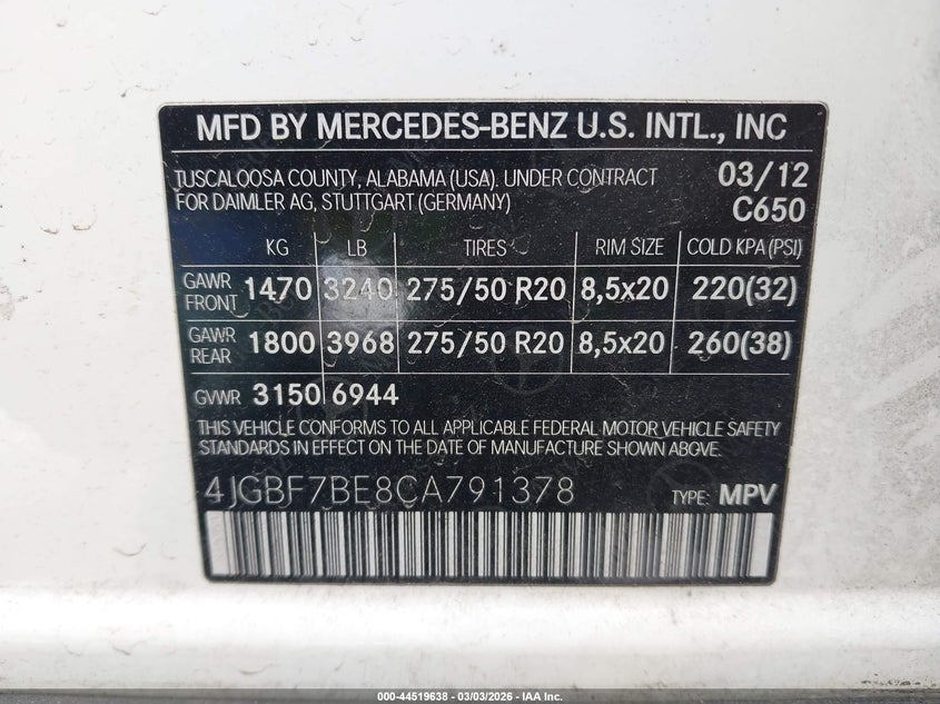 2012 Mercedes-Benz Gl 450 4Matic VIN: 4JGBF7BE8CA791378 Lot: 44519638