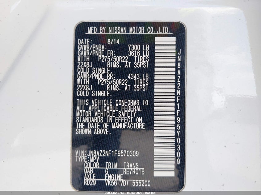 2015 Infiniti Qx80 VIN: JN8AZ2NF1F9570309 Lot: 44519766