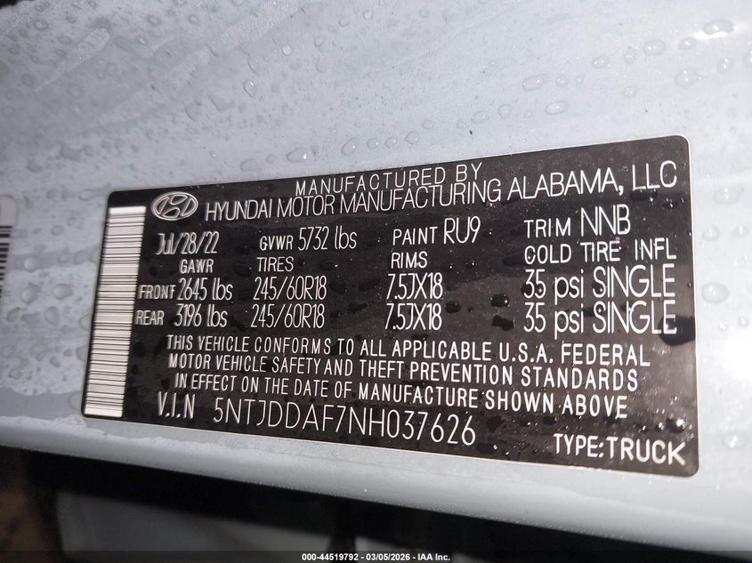 2022 Hyundai Santa Cruz Sel Premium VIN: 5NTJDDAF7NH037626 Lot: 44519792