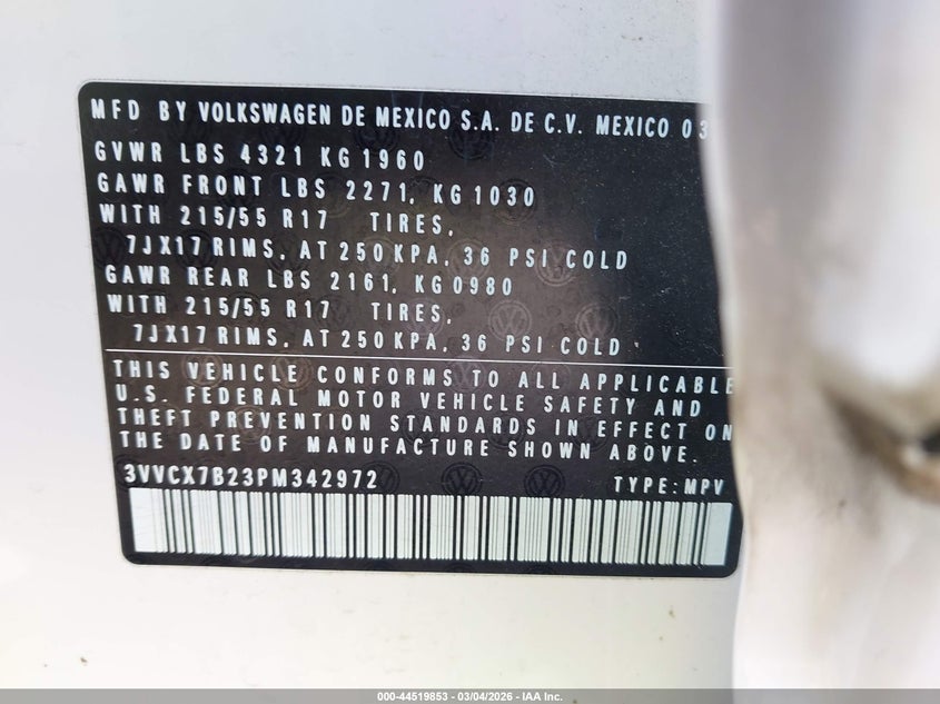 2023 Volkswagen Taos 1.5T S VIN: 3VVCX7B23PM342972 Lot: 44519853