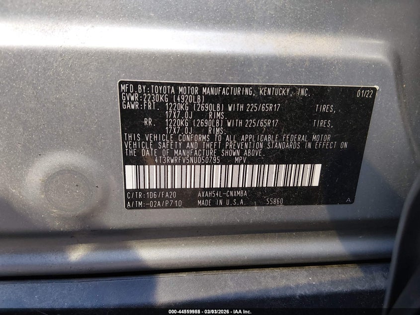 VIN 4T3RWRFV5NU050795 2022 TOYOTA RAV4 HYBRID XLE