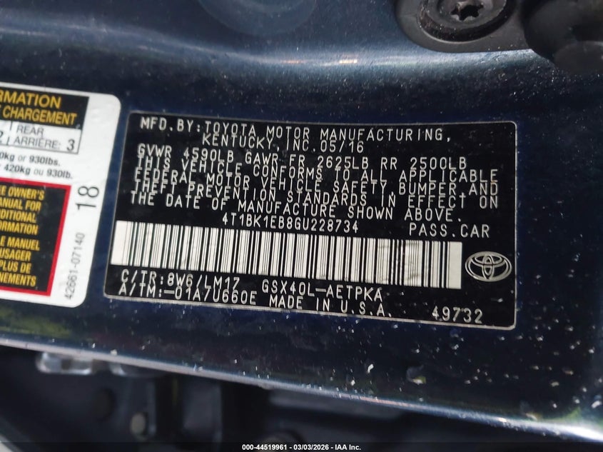 2016 Toyota Avalon Limited VIN: 4T1BK1EB8GU228734 Lot: 44519961