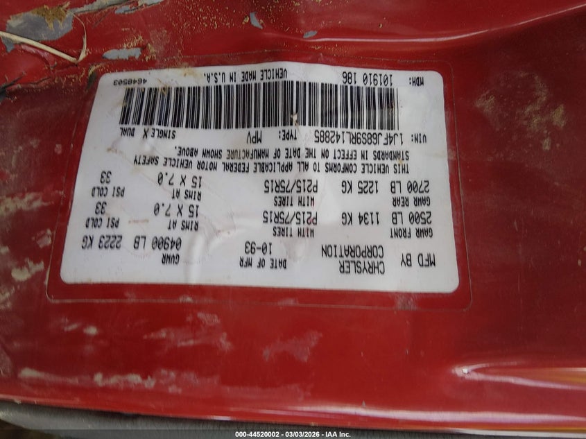 1994 Jeep Cherokee Sport VIN: 1J4FJ68S9RL142885 Lot: 44520002