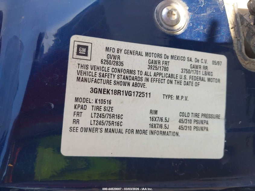 1997 Chevrolet Tahoe VIN: 3GNEK18R1VG172511 Lot: 44520007