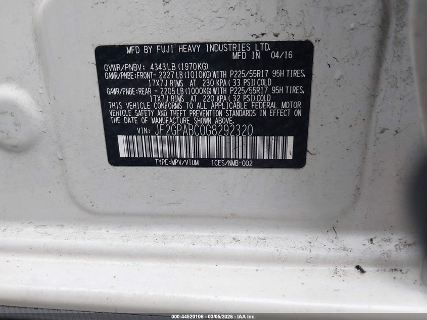 2016 Subaru Crosstrek 2.0I Premium VIN: JF2GPABC0G8292320 Lot: 44520106