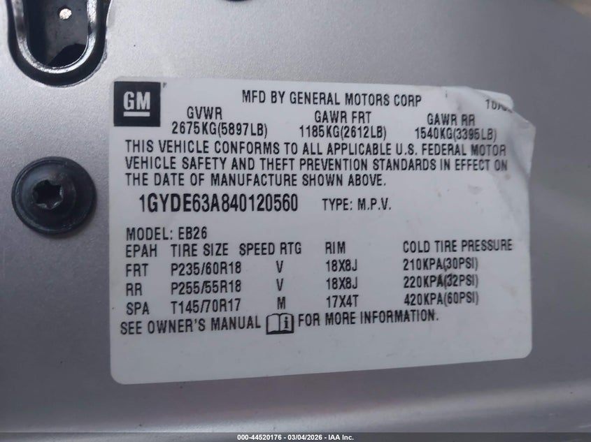 2004 Cadillac Srx V8 VIN: 1GYDE63A840120560 Lot: 44520176