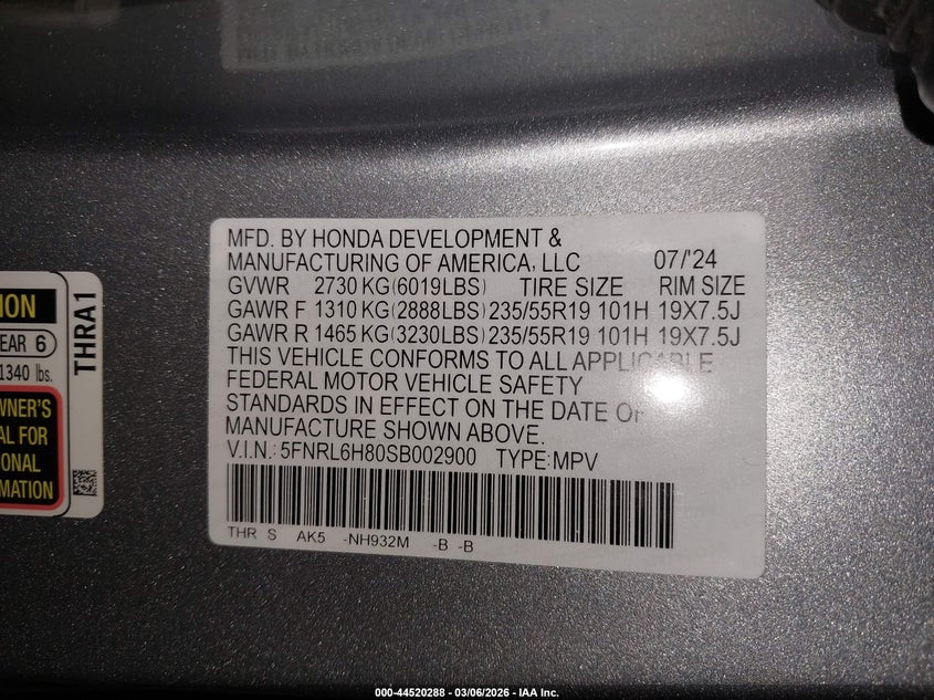 VIN 5FNRL6H80SB002900 2025 HONDA ODYSSEY TOURING