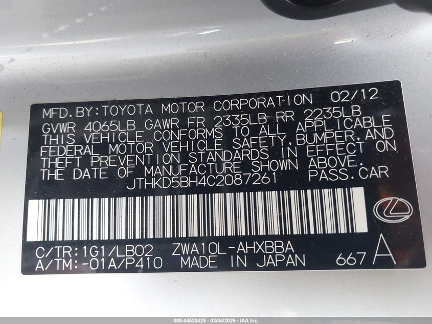 2012 Lexus Ct 1.8 Ct 200H Premium silver Lot 111044520425 Vin JTHKD5BH4C2087261