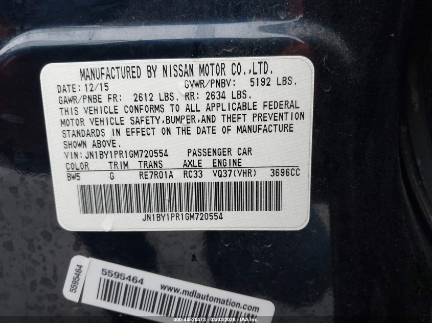 2016 Infiniti Q70L 3.7X VIN: JN1BY1PR1GM720554 Lot: 44520473