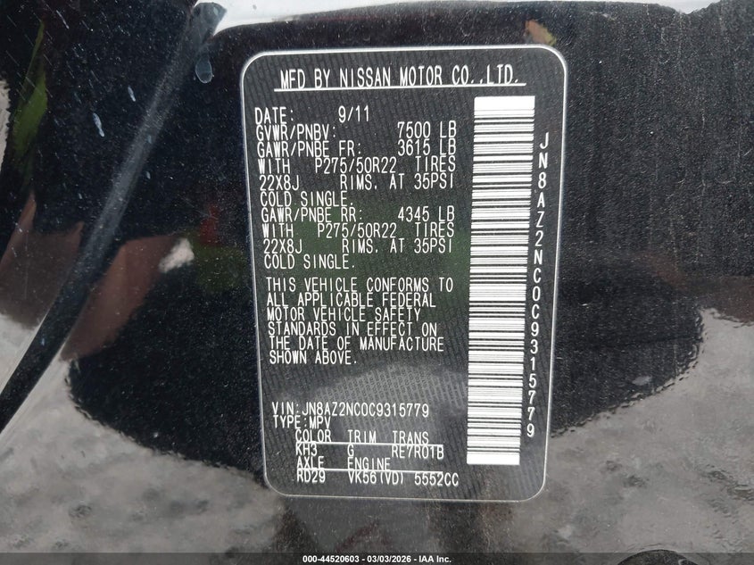 2012 Infiniti Qx56 VIN: JN8AZ2NC0C9315779 Lot: 44520603