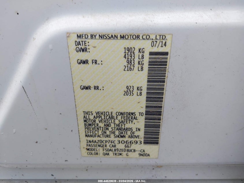 2015 Nissan Leaf S VIN: 1N4AZ0CP7FC306693 Lot: 44520639