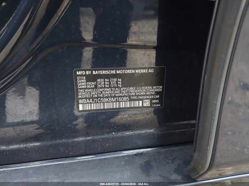 2019 BMW 430I Gran Coupe VIN: WBA4J1C58KBM16085 Lot: 44520725