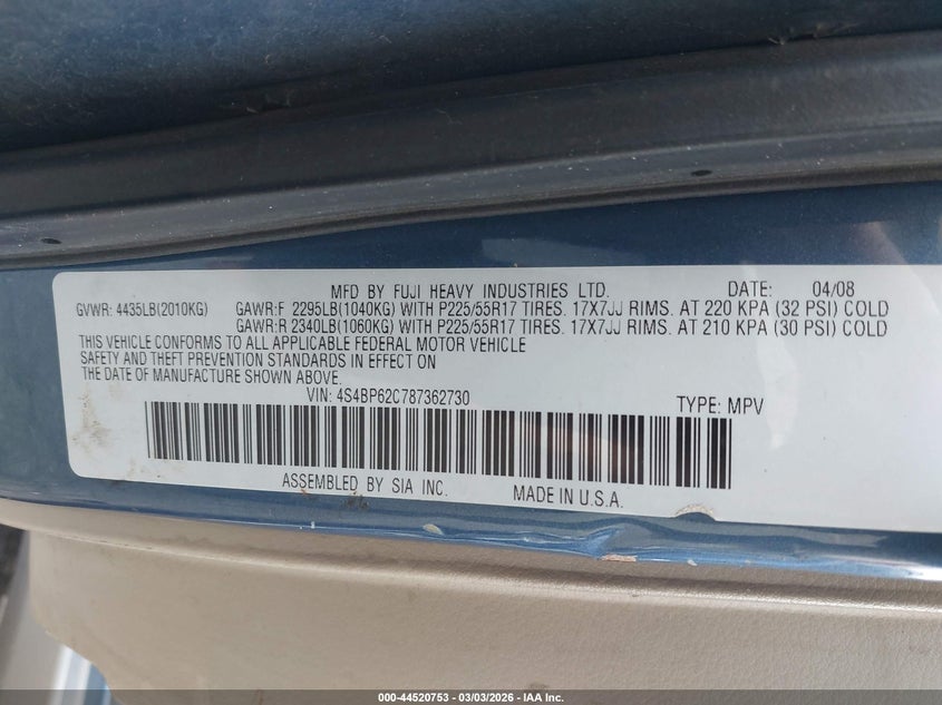 2008 Subaru Outback 2.5I Limited/2.5I Limited L.l. Bean Edition VIN: 4S4BP62C787362730 Lot: 44520753